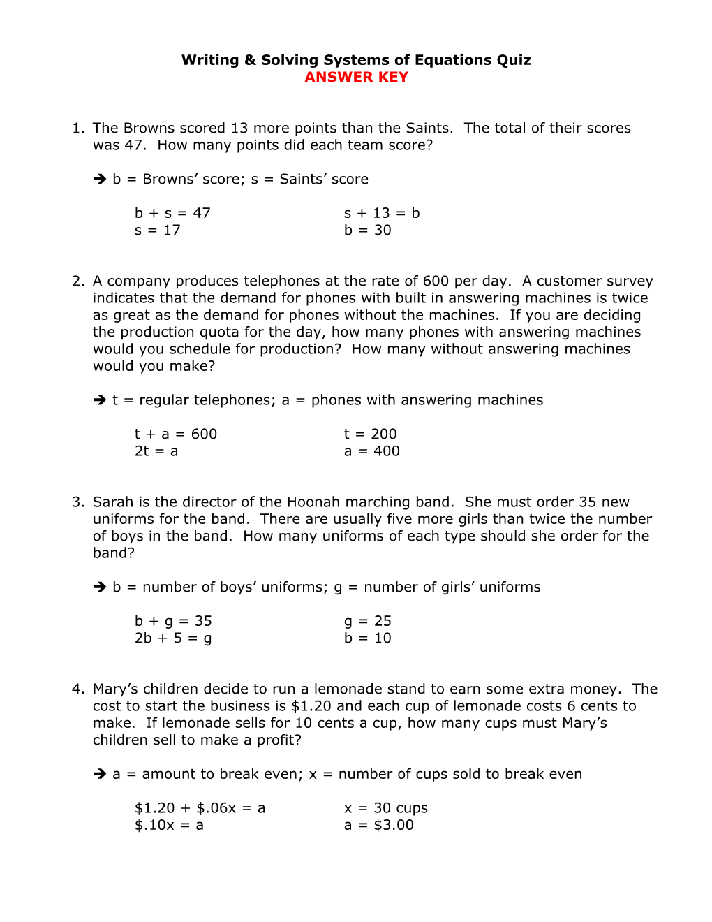 Writing & Solving Systems of Equations Quiz