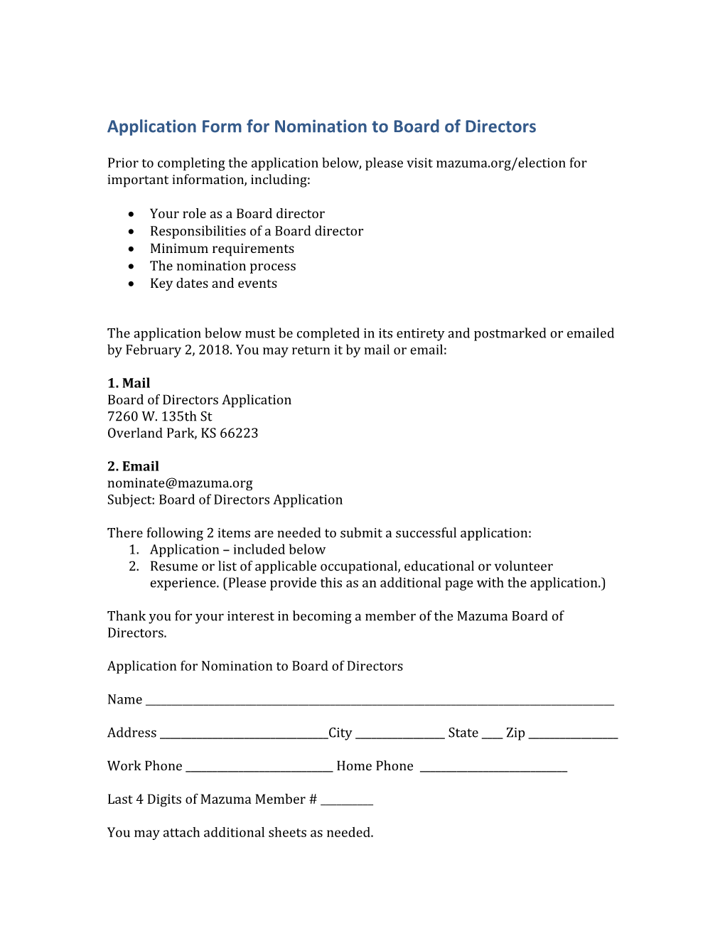 Application Form for Nomination to Board of Directors