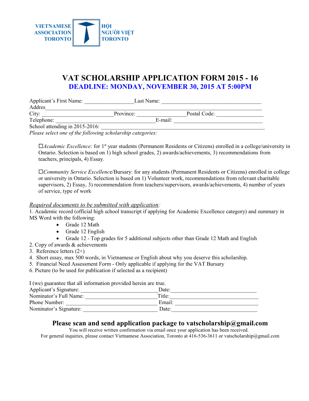 Vat Scholarship Application Form 2015 - 16