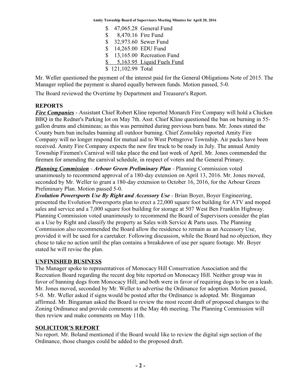 Amity Township Board of Supervisors Meeting Minutes for April 20, 2016