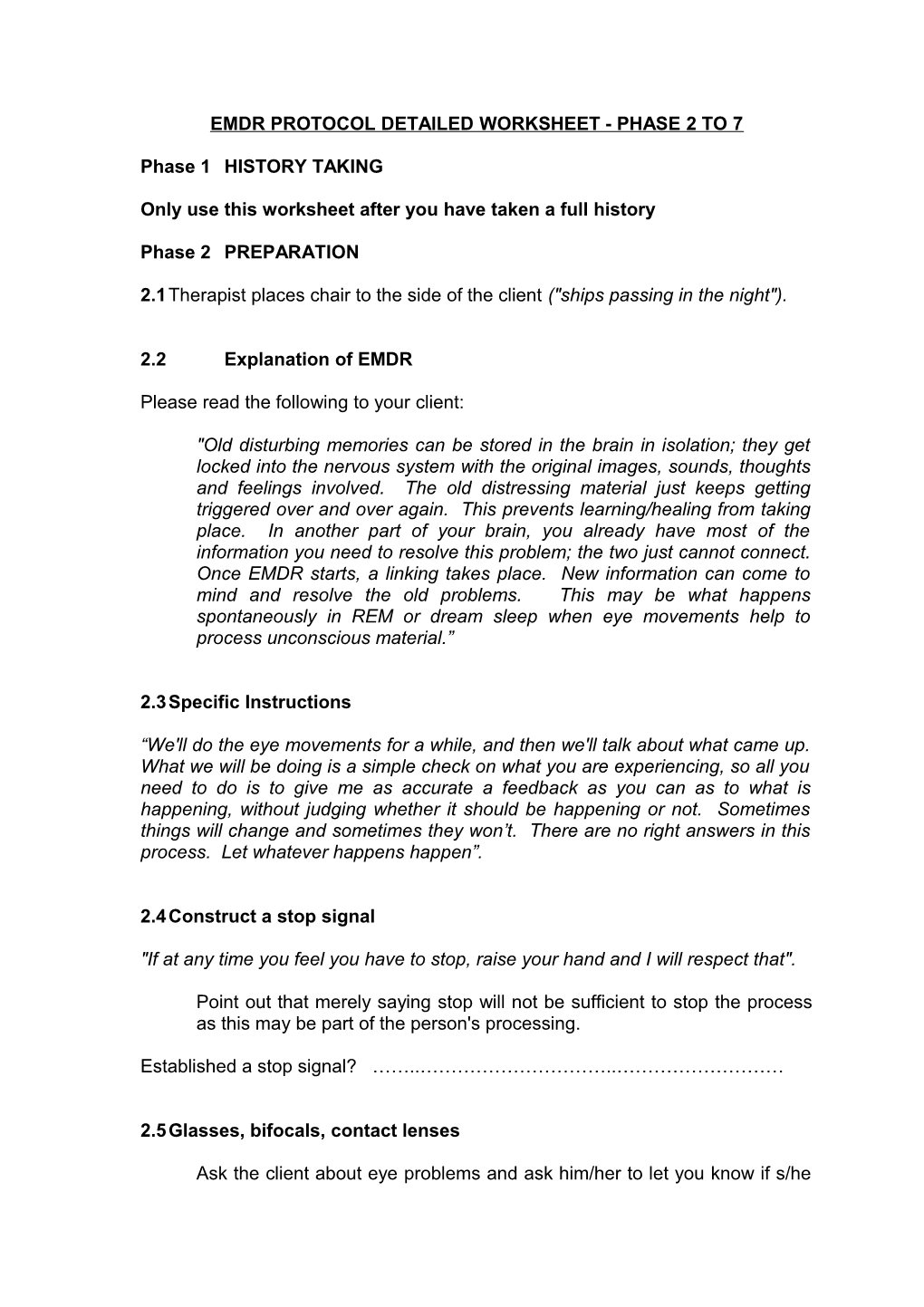 Emdr Protocol Detailed Worksheet - Phase 2 to 7