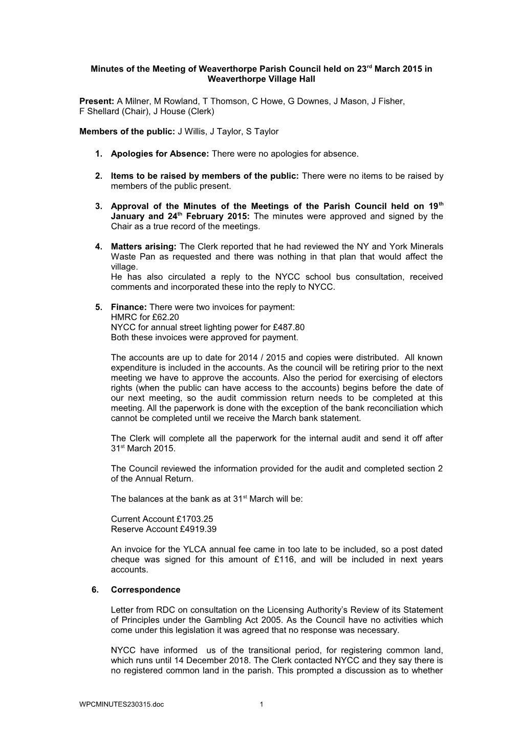 Papers for Weaverthorpe Parish Council Meeting On23rd March 2015