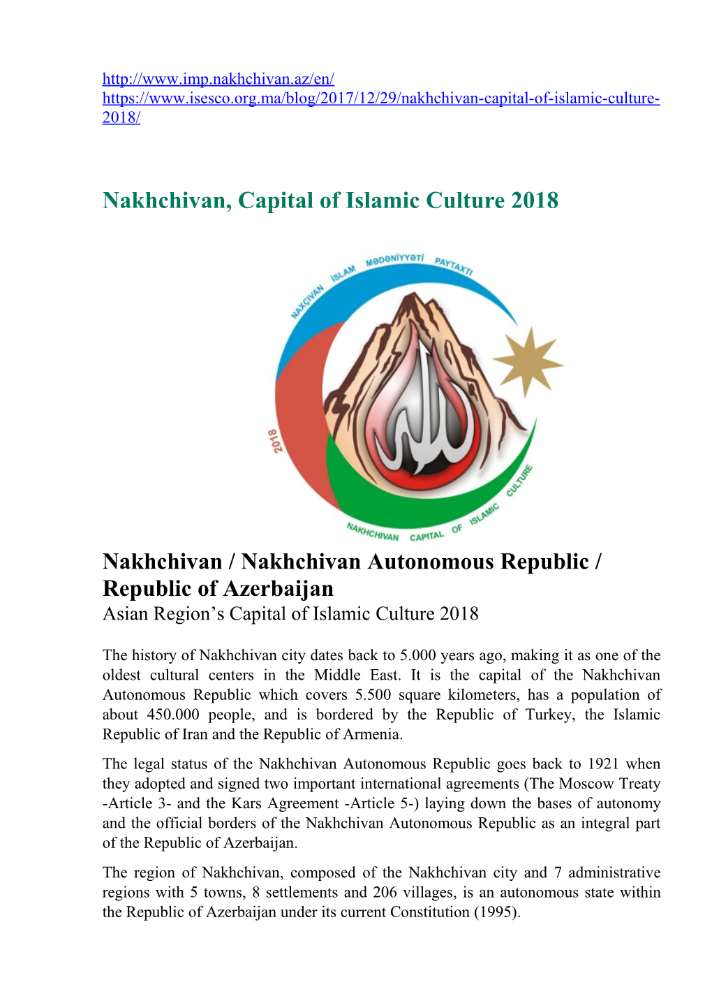 Nakhchivan, Capital of Islamic Culture 2018