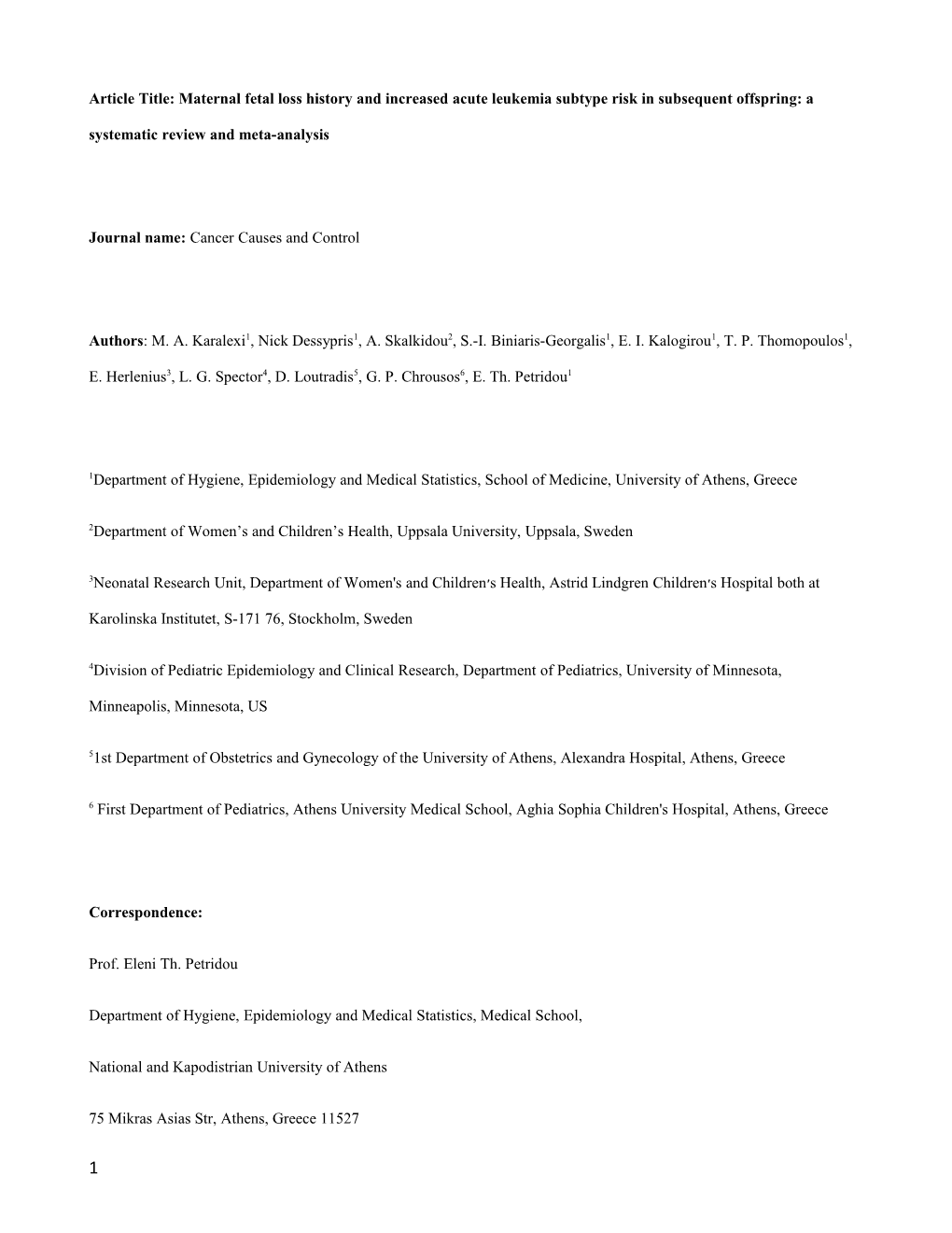 Article Title: Maternal Fetal Loss History and Increased Acute Leukemia Subtype Risk In