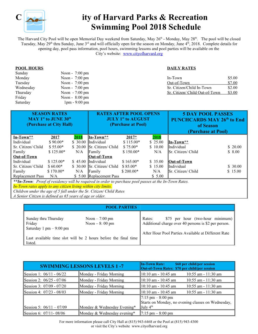 City of Harvard Parks & Recreation Swimming Pool 2018 Schedule