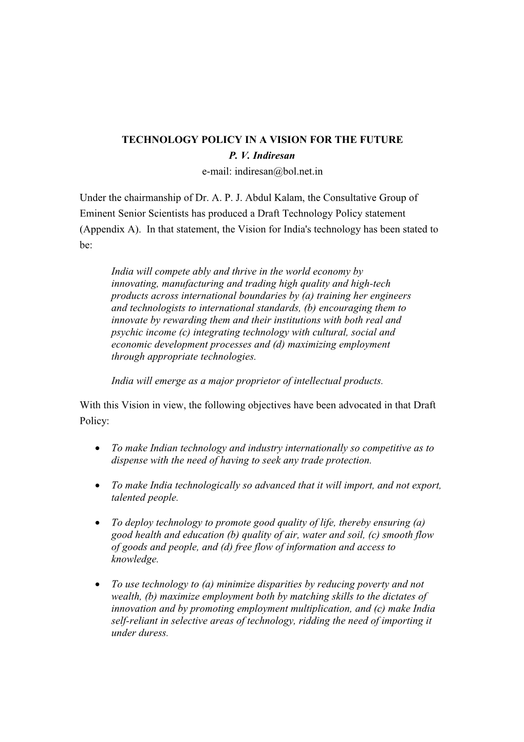 Technology Policy in a Vision for the Future