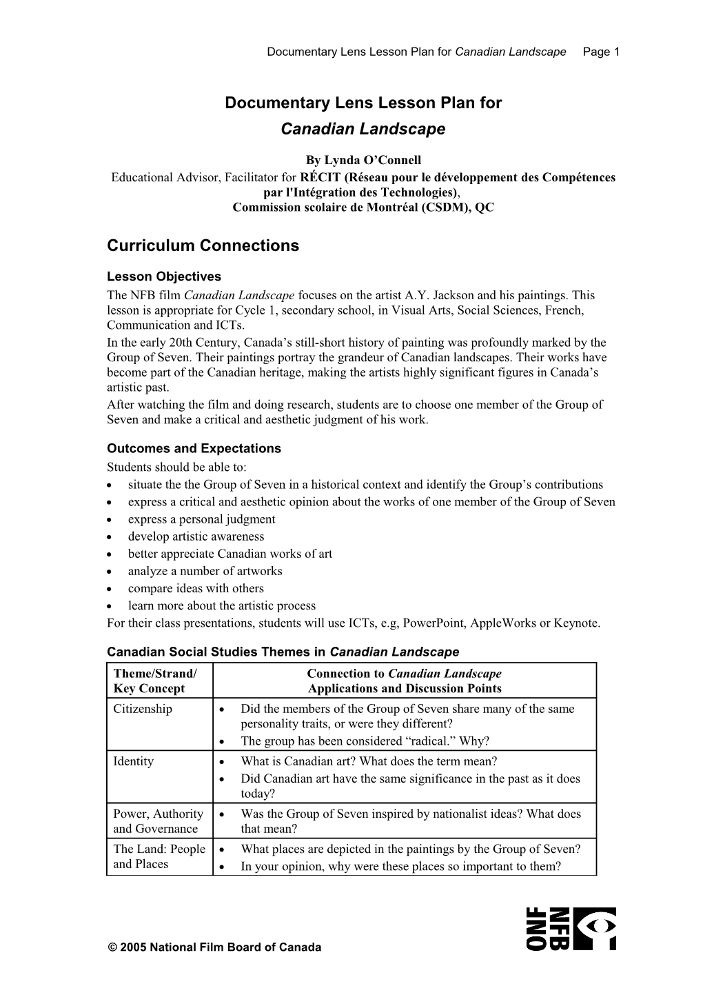 Documentary Lens Lesson Plan for Canadian Landscape Page 1