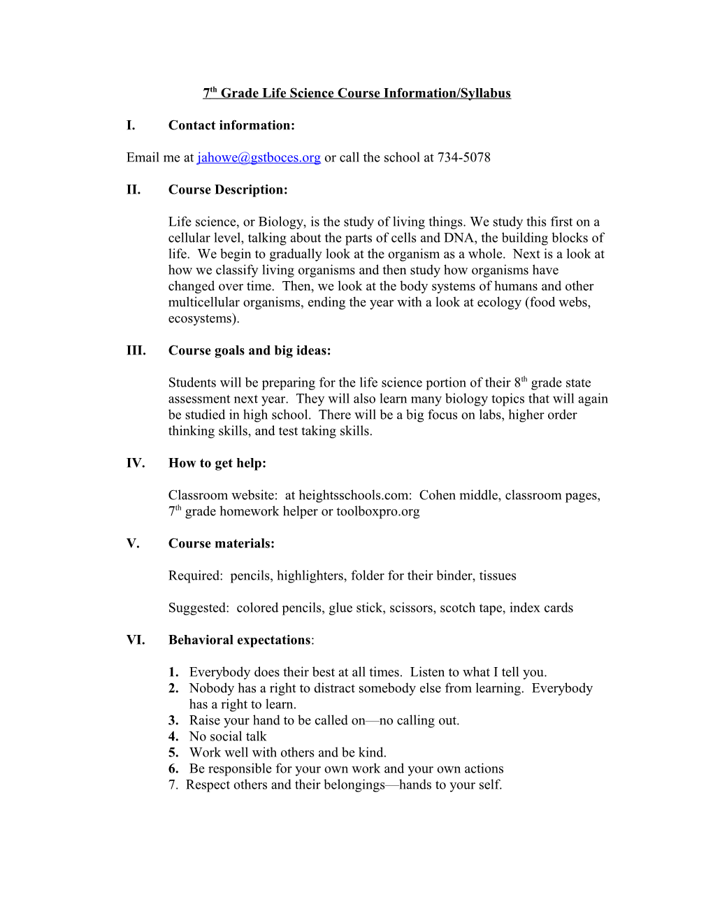 7Th Grade Life Science Course Information/Syllabus