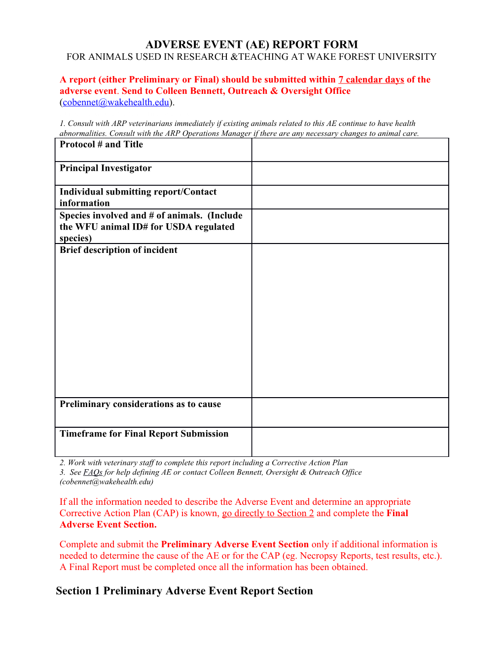 Adverse Event (Ae) Report Form