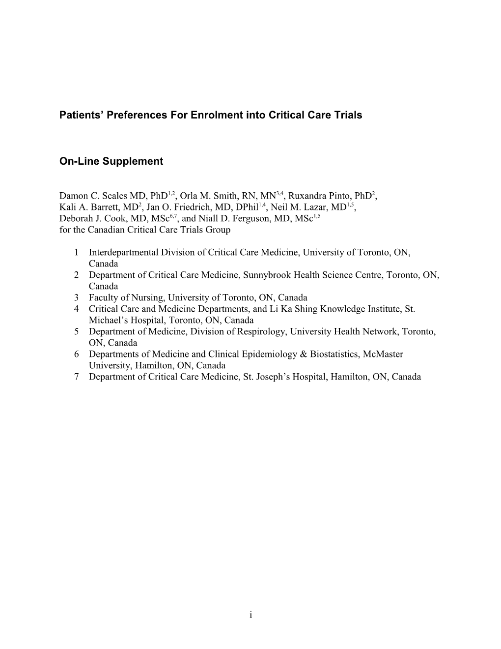 Patients Preferences for Enrolment Into Critical Care Trials