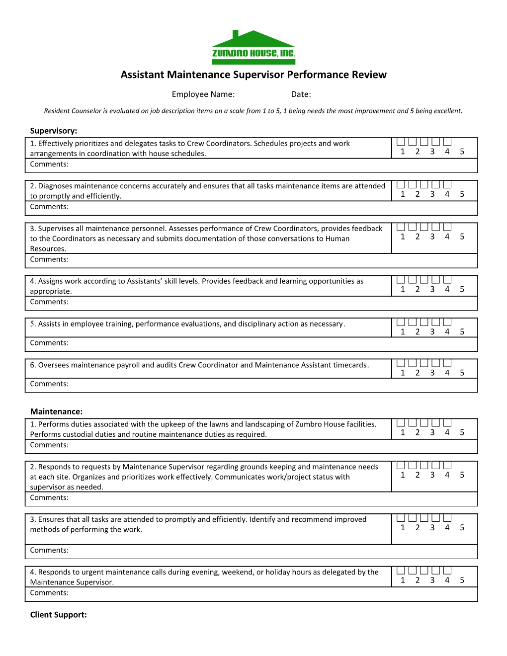 Assistant Maintenance Supervisor Performance Review