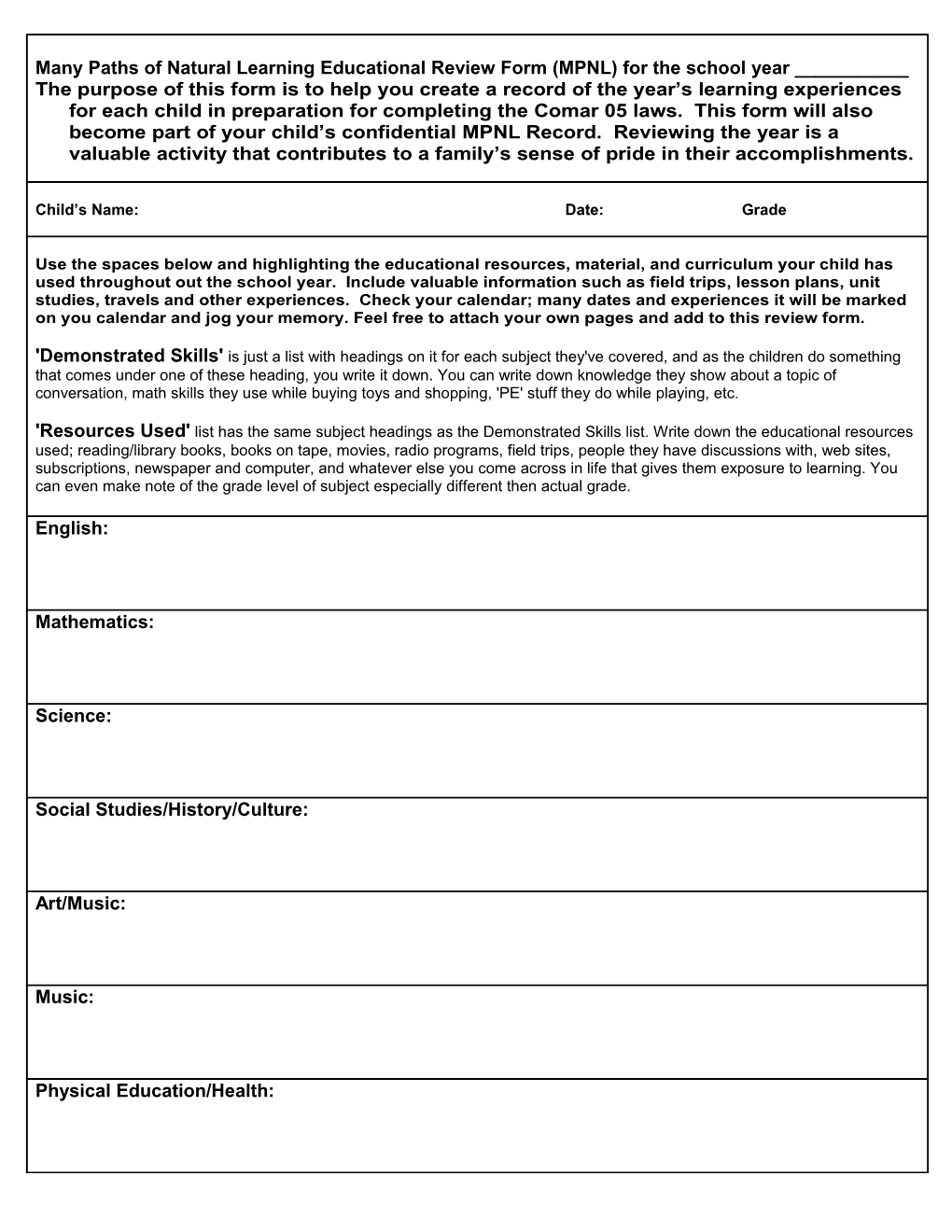 Many Paths of Natural Learning Educational Review Form