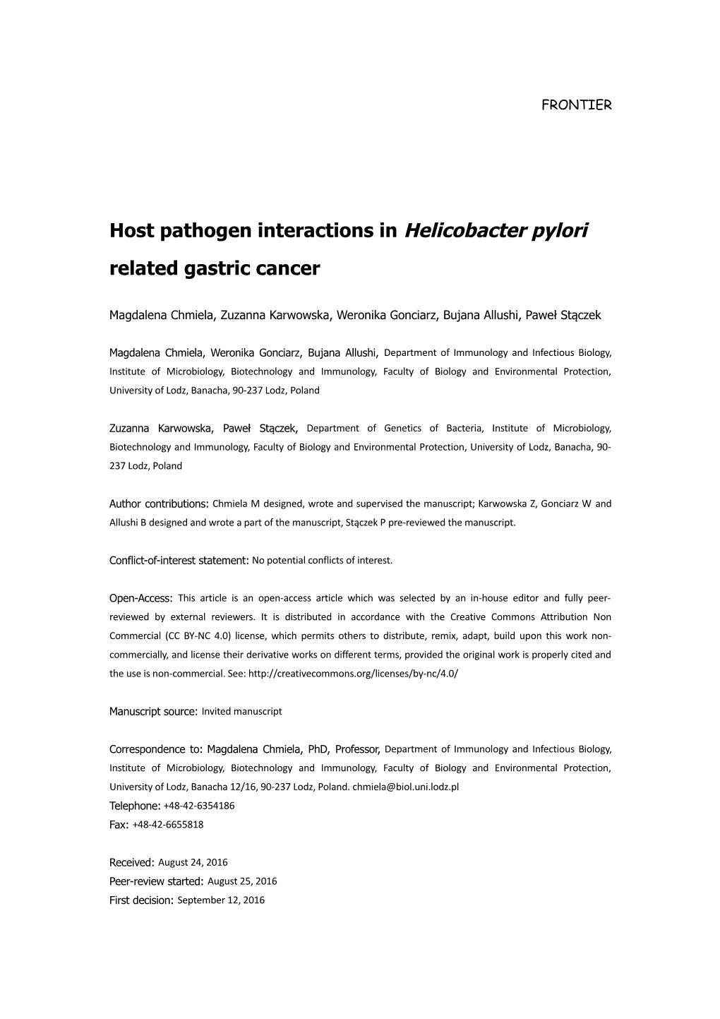 Host Pathogen Interactions in Helicobacter Pylori Related Gastric Cancer