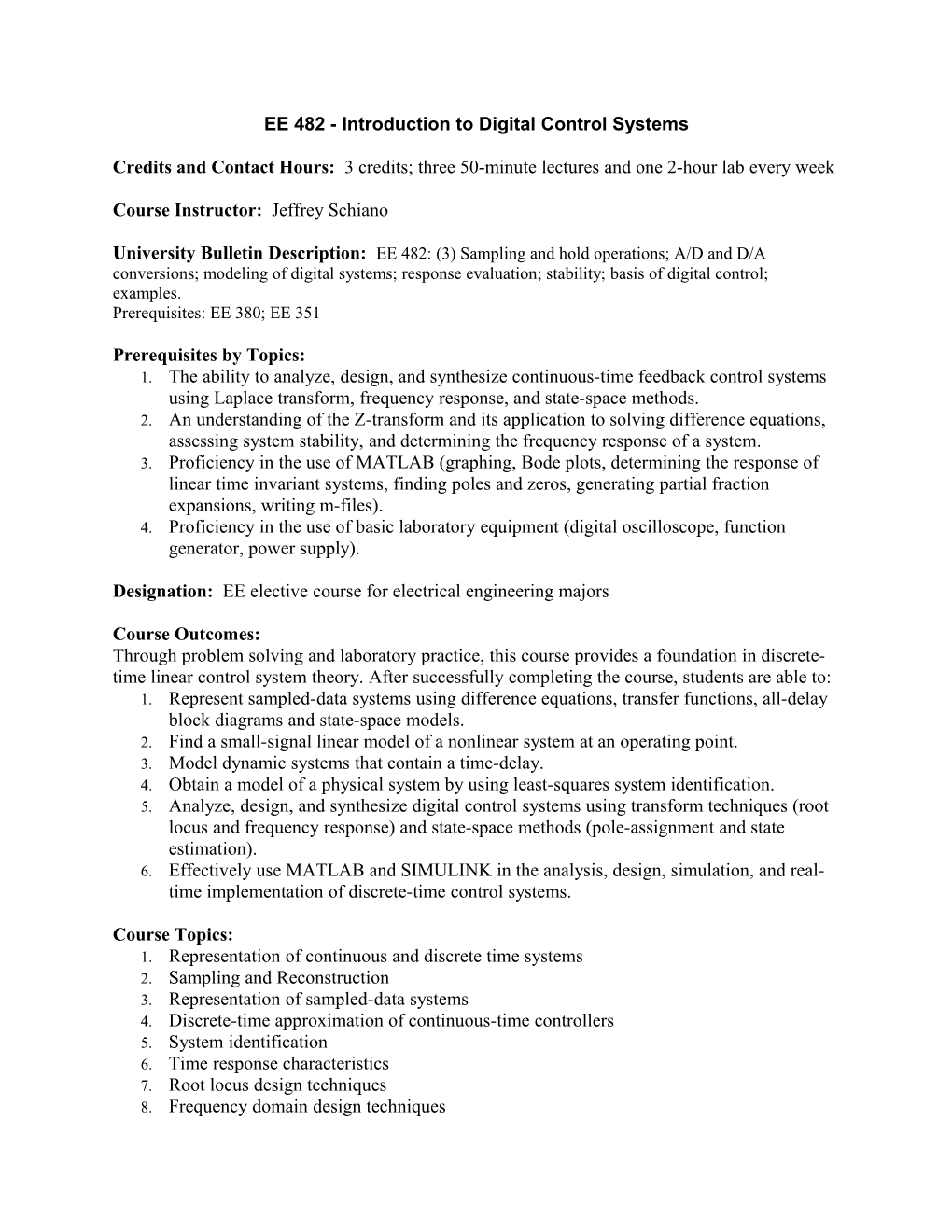 EE 482 - Introduction to Digital Control Systems
