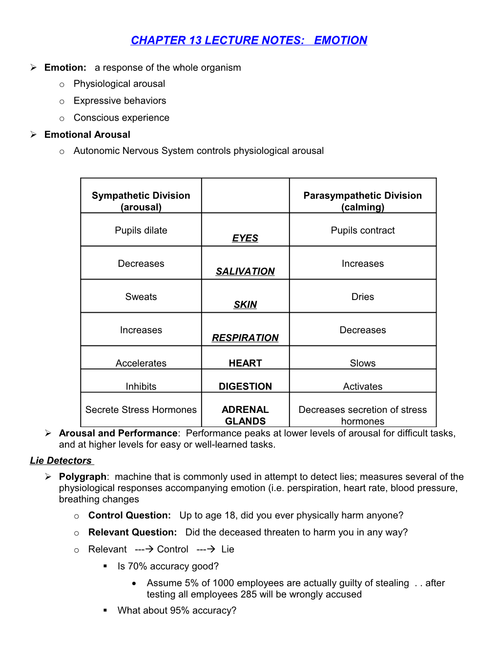 Chapter 13 Lecture Notes: Emotion