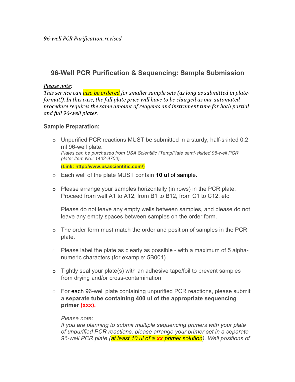 96-Well PCR Purification & Sequencing: Sample Submission