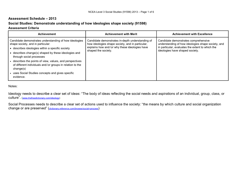 NCEA Level 3 Social Studies (91598) 2013 Assessment Schedule