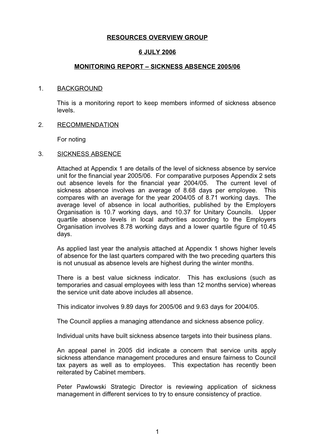 Monitoring Report Sickness Absence 2005-06