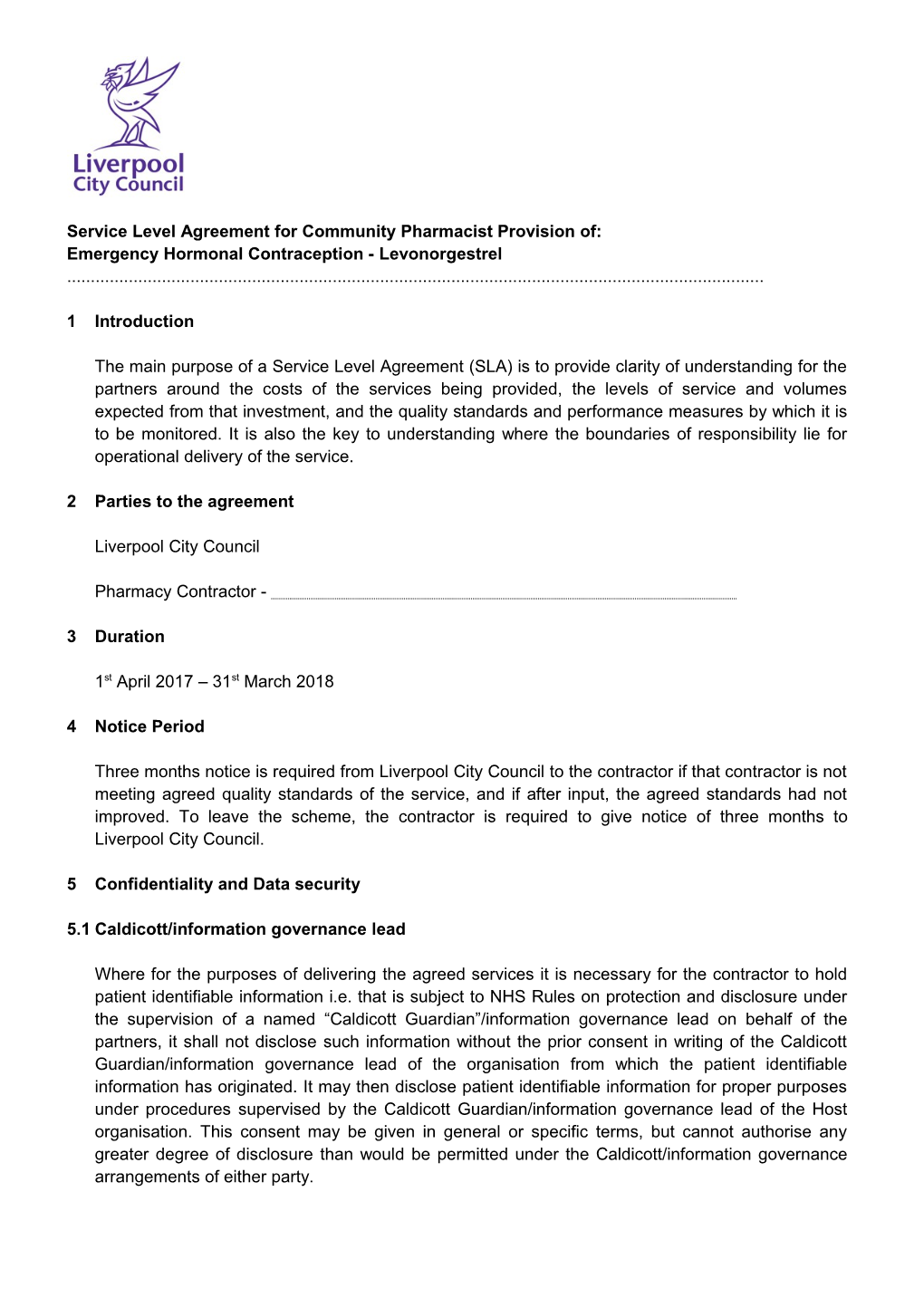 Service Level Agreement for Community Pharmacist Provision Of;