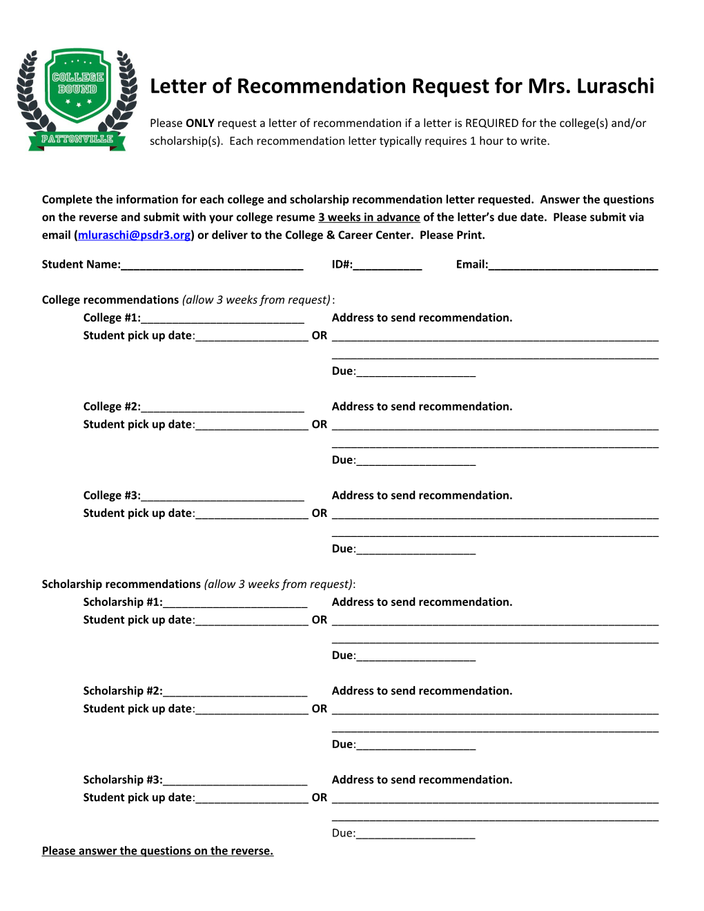 Complete the Information for Each College and Scholarship Recommendation Letter Requested