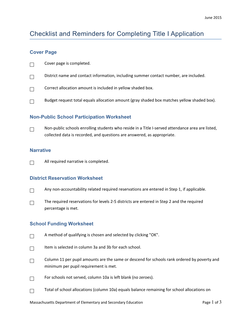 FY2016 Fund Code 305 Title I Application Checklist