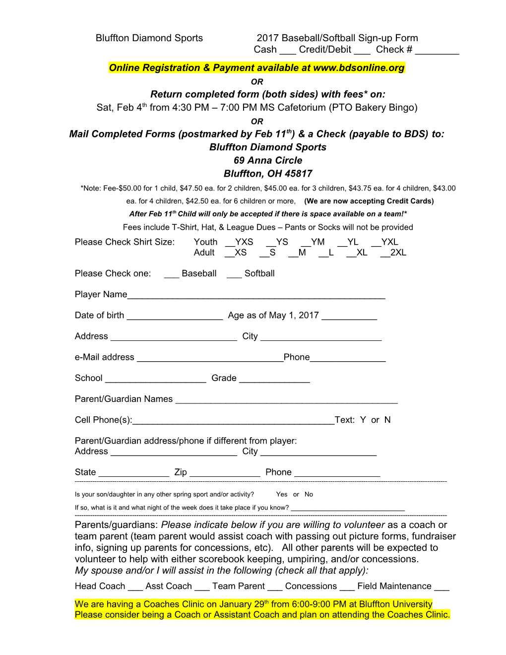 Bluffton Diamond Sports 2017 Baseball/Softball Sign-Up Form