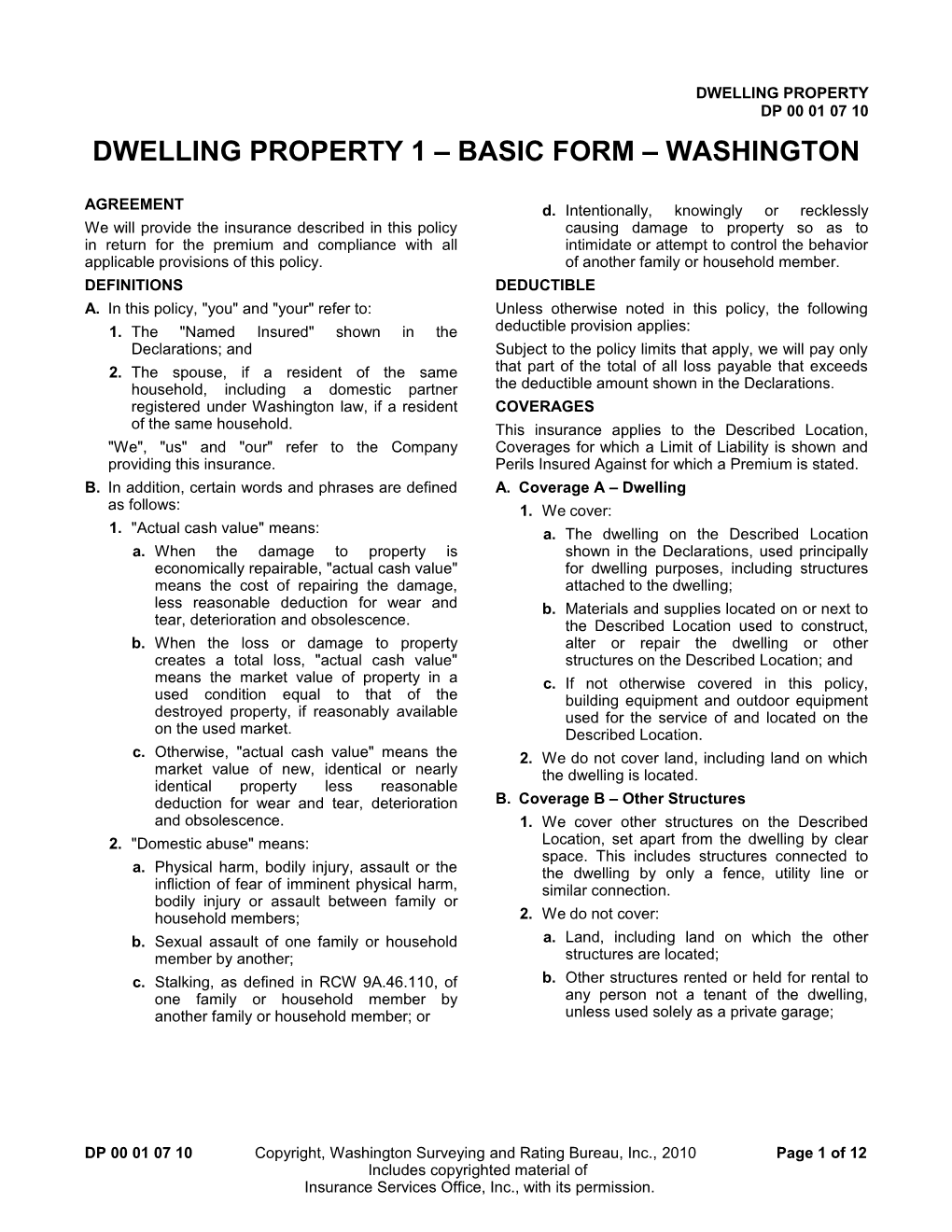 Dwelling Property 1 Basic Form Washington