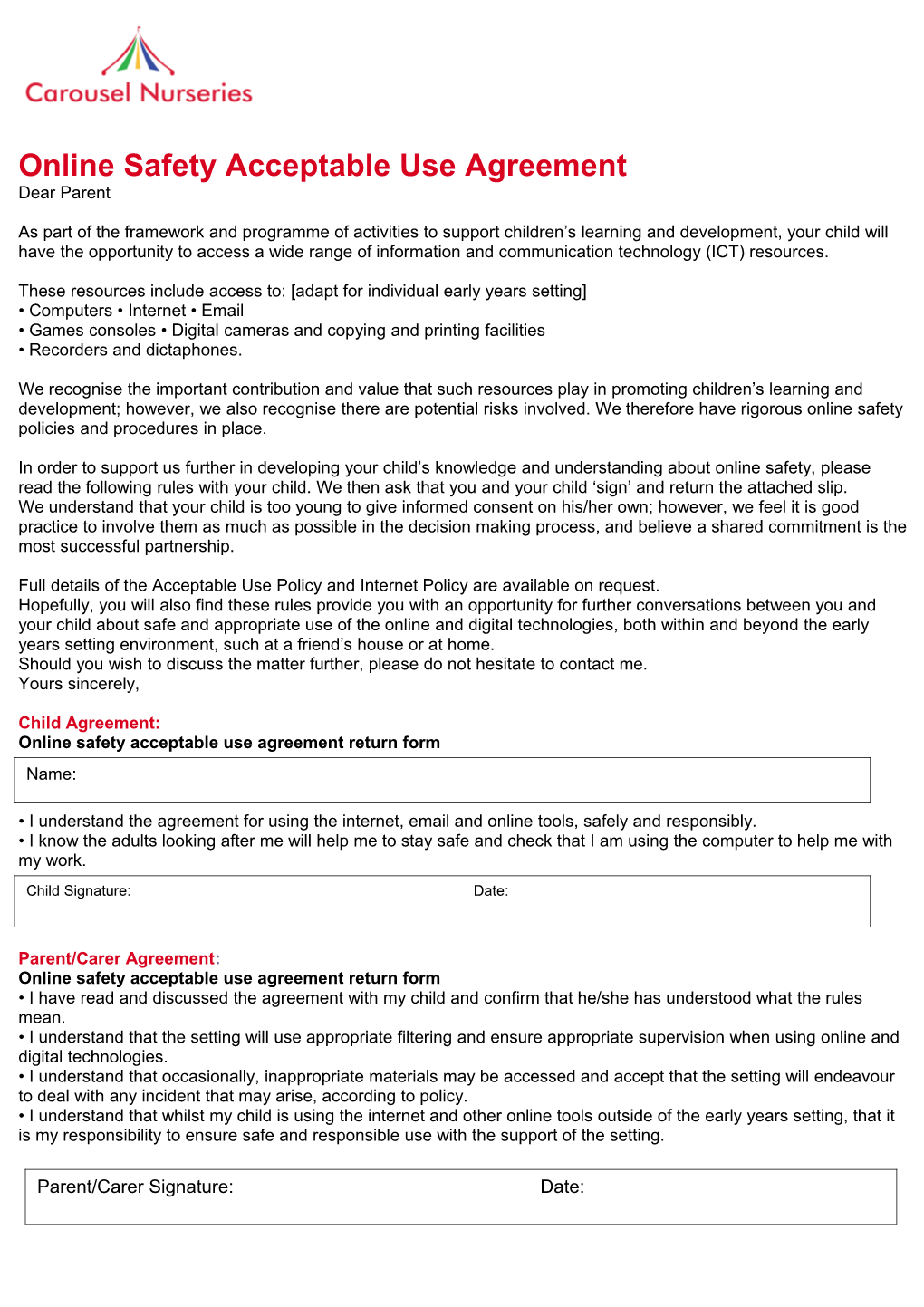 Online Safety Acceptable Use Agreement