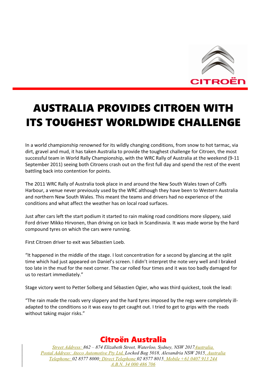 Australia Provides Citroen with Its Toughest Worldwide Challenge