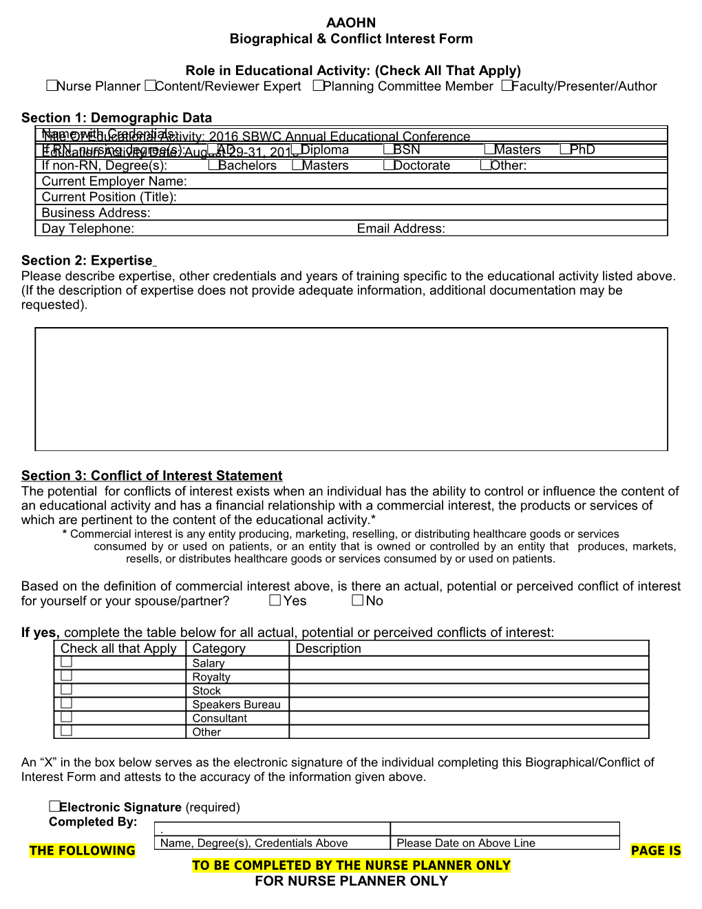 Biographical & Conflict Interest Form