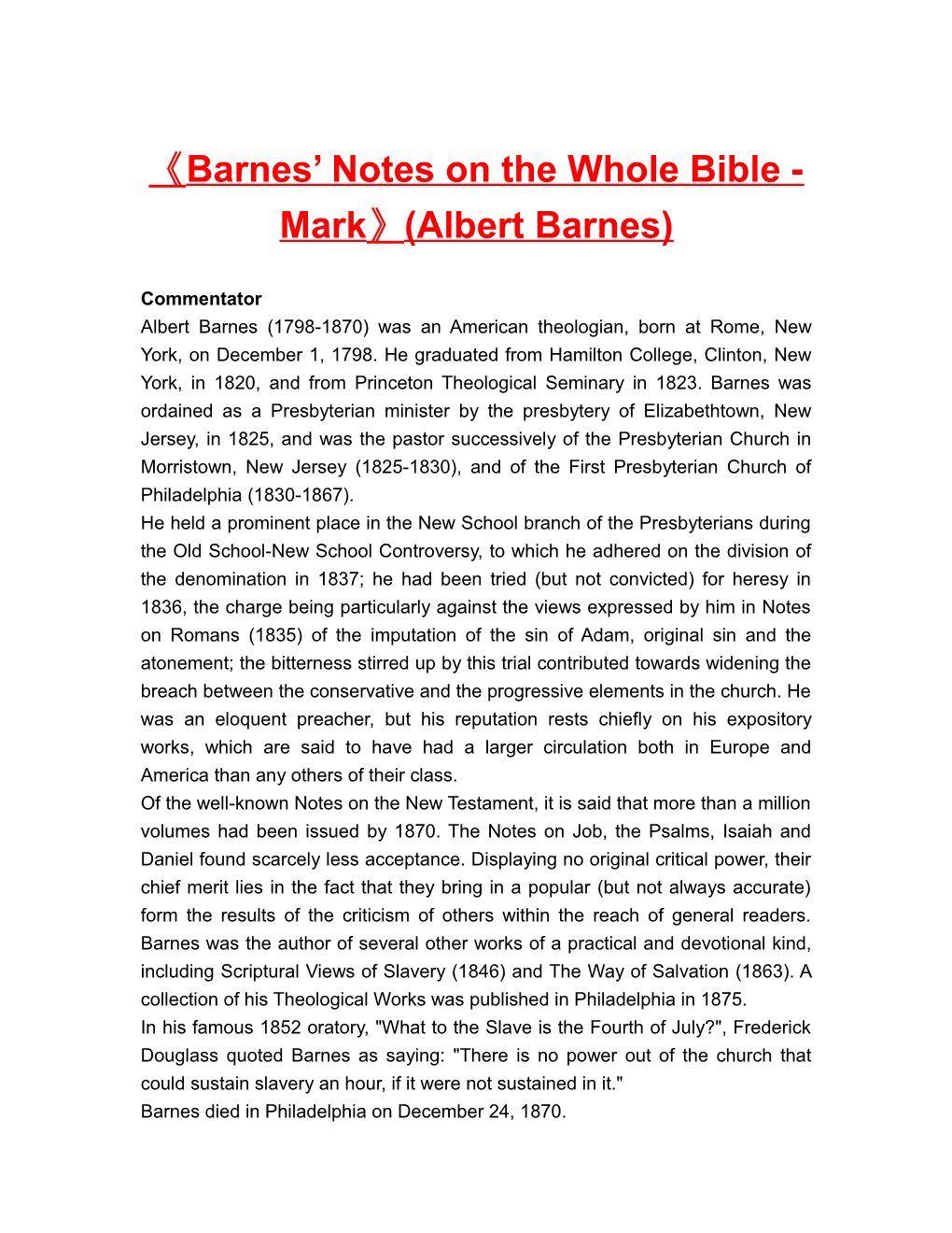 Barnes Notes on the Whole Bible - Mark (Albert Barnes)
