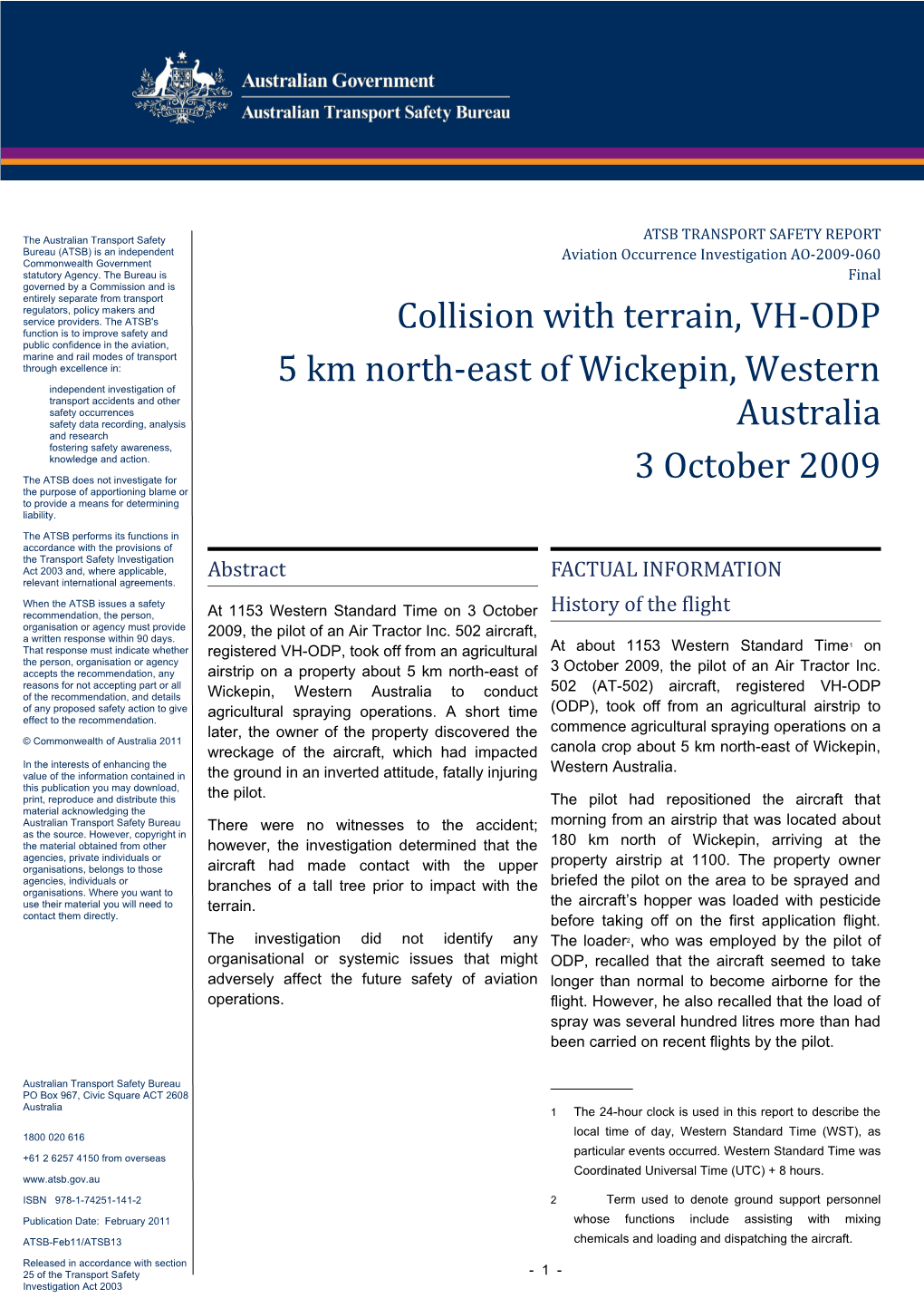Collision with Terrain, VH-ODP 5 Km North-East of Wickepin, Western Australia 3 October 2009