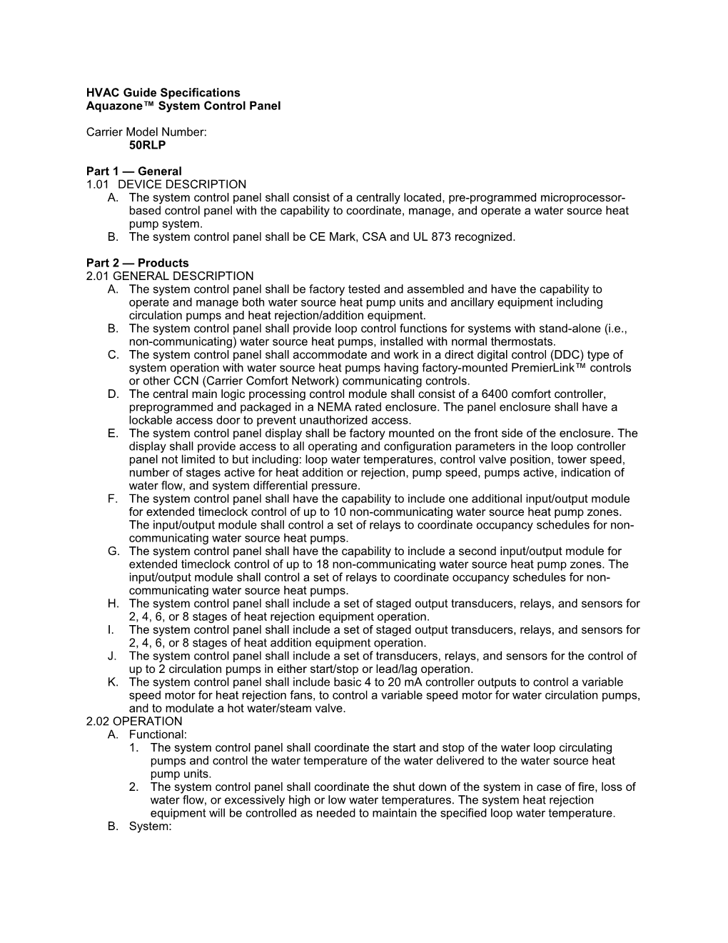 50RLP Guide Specifications, System Control Panel