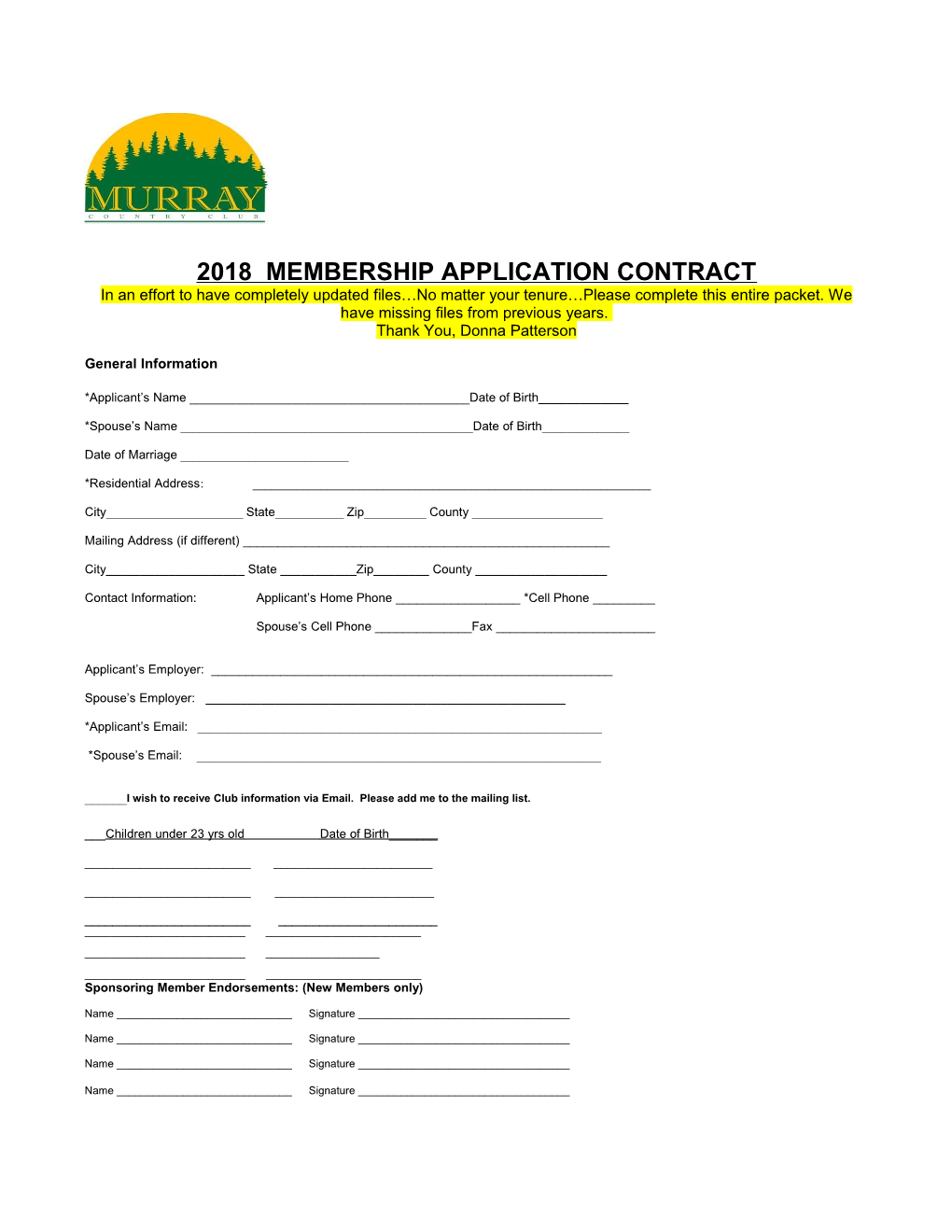 2018 Membership Application Contract
