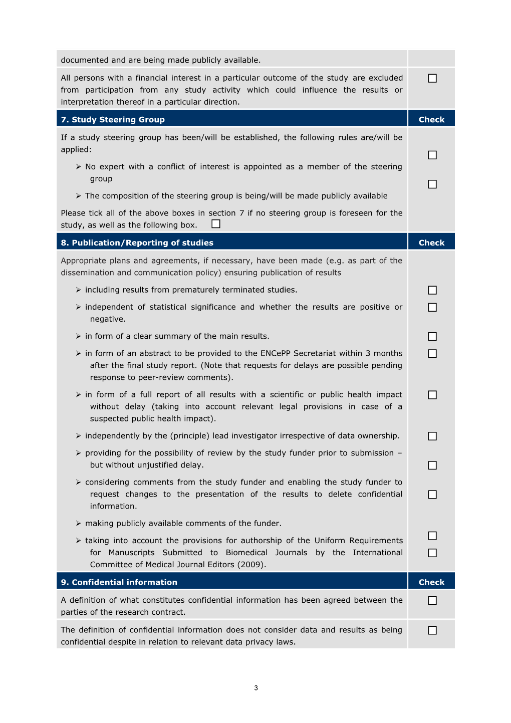 Checklist of the Encepp Code of Conduct for Encepp Studies