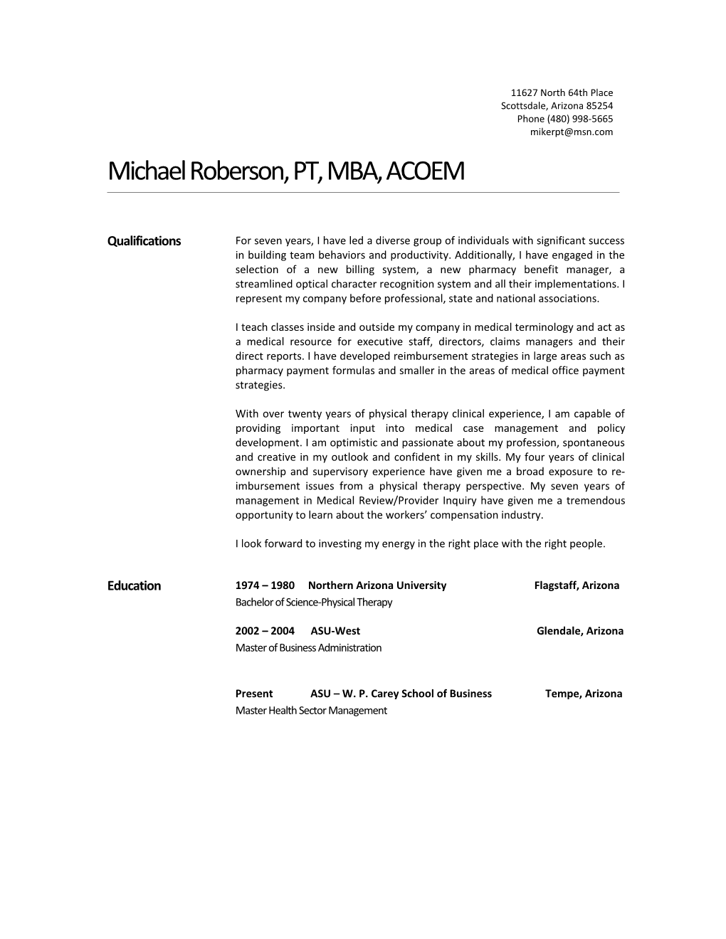 Michael Roberson, PT, MBA, ACOEM