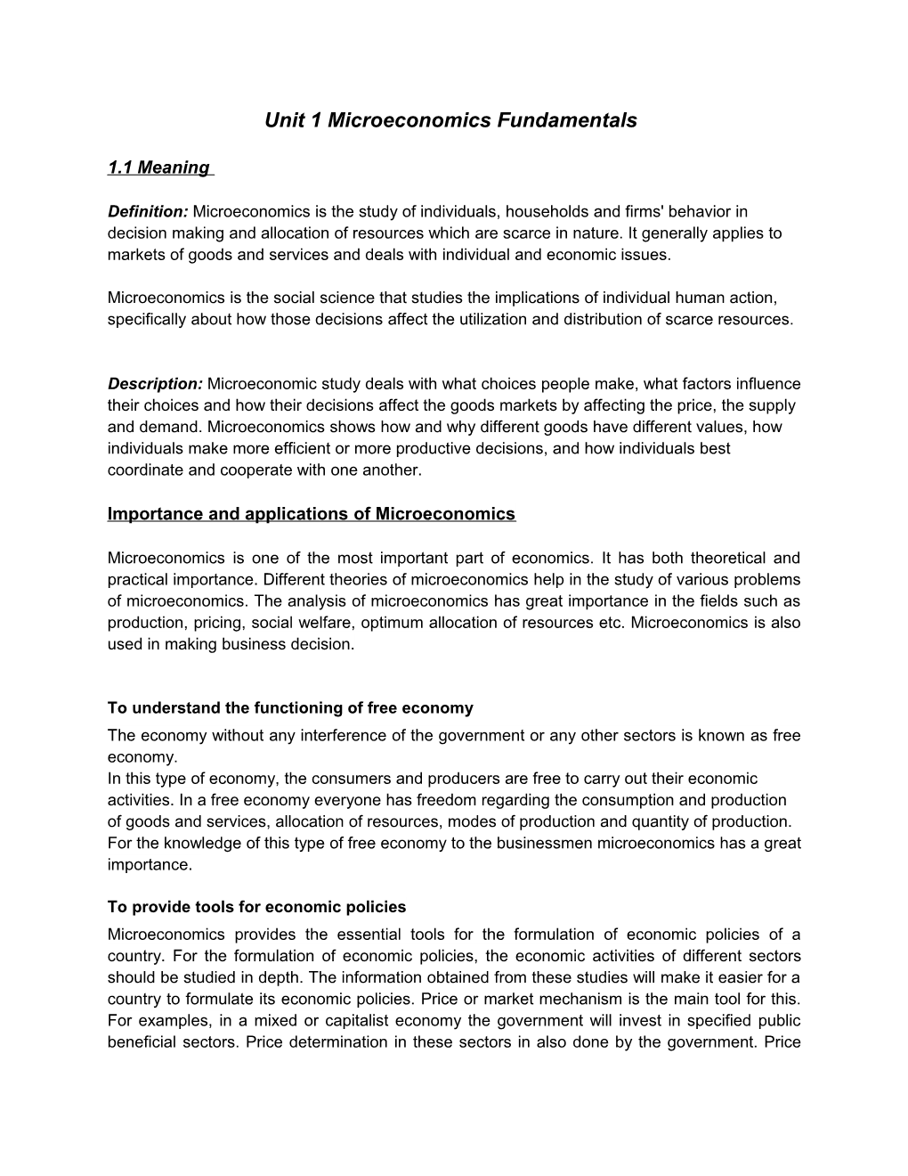 Unit 1 Microeconomics Fundamentals