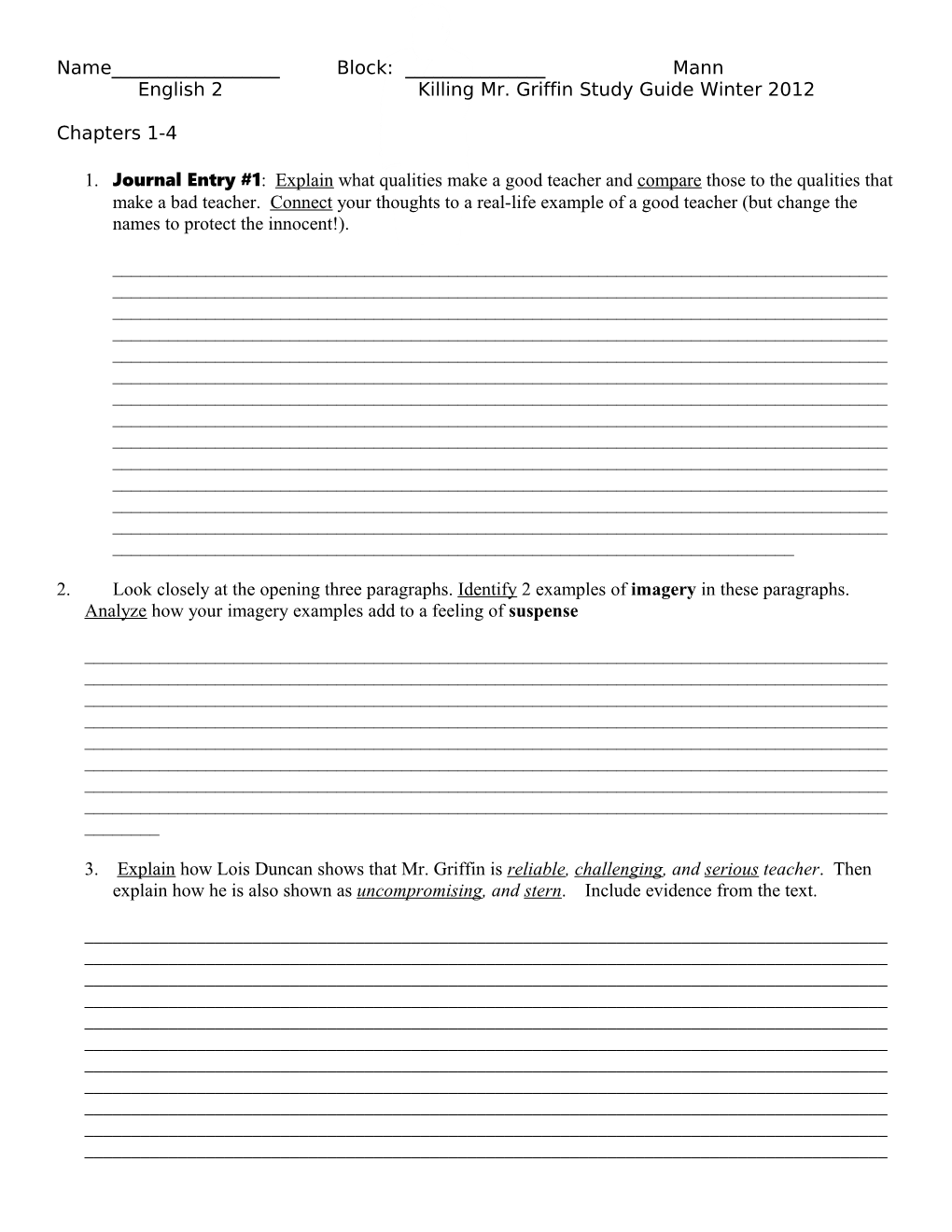 English 2Killing Mr. Griffin Study Guide Winter 2012