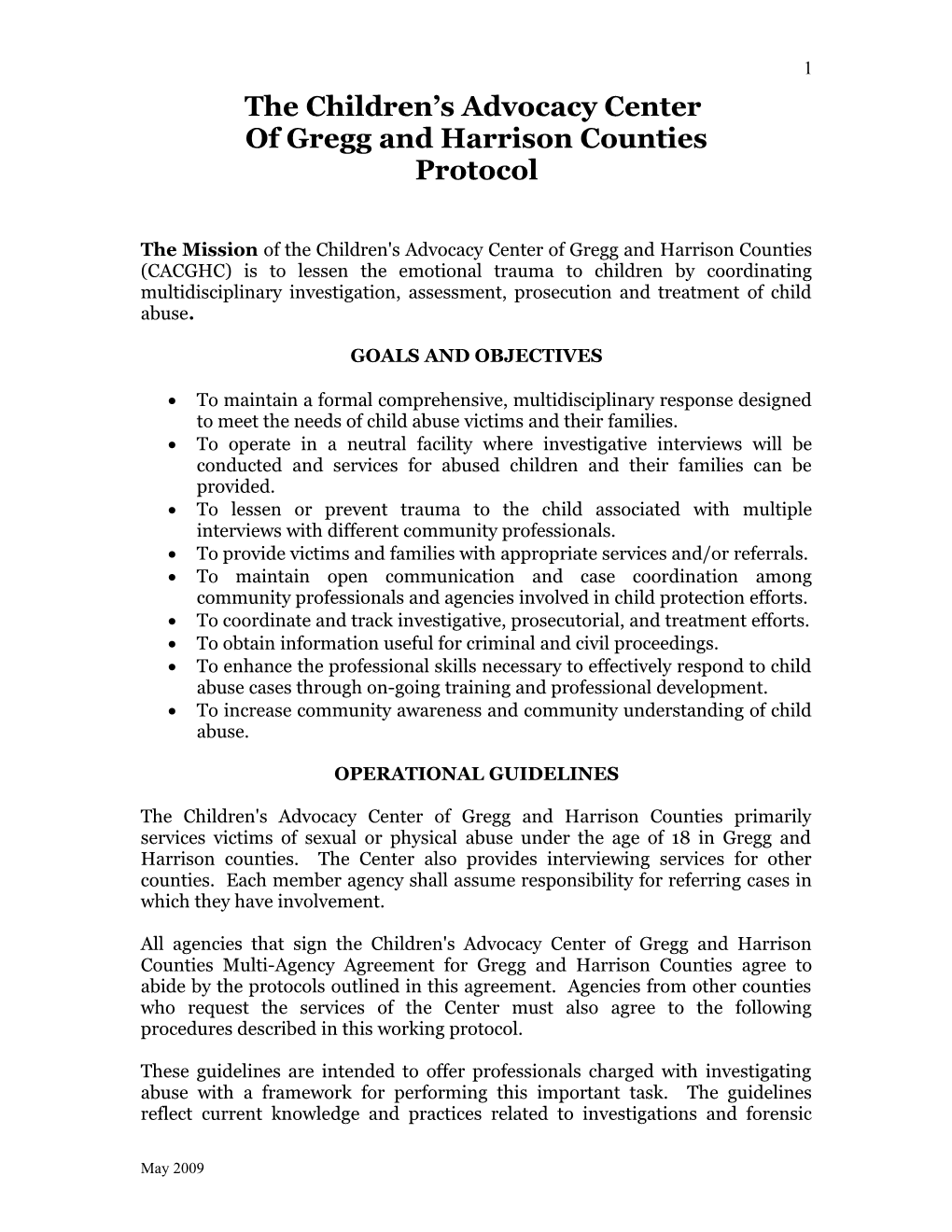 Child Advocacy Center of East Texas Working Protocol