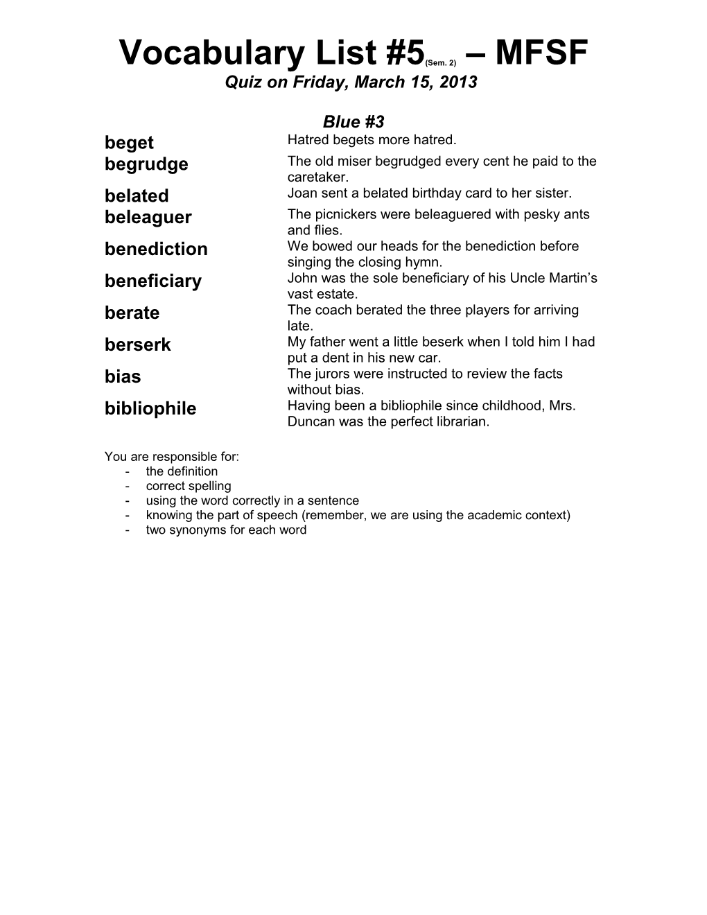 Vocabulary List #5(Sem. 2) MFSF