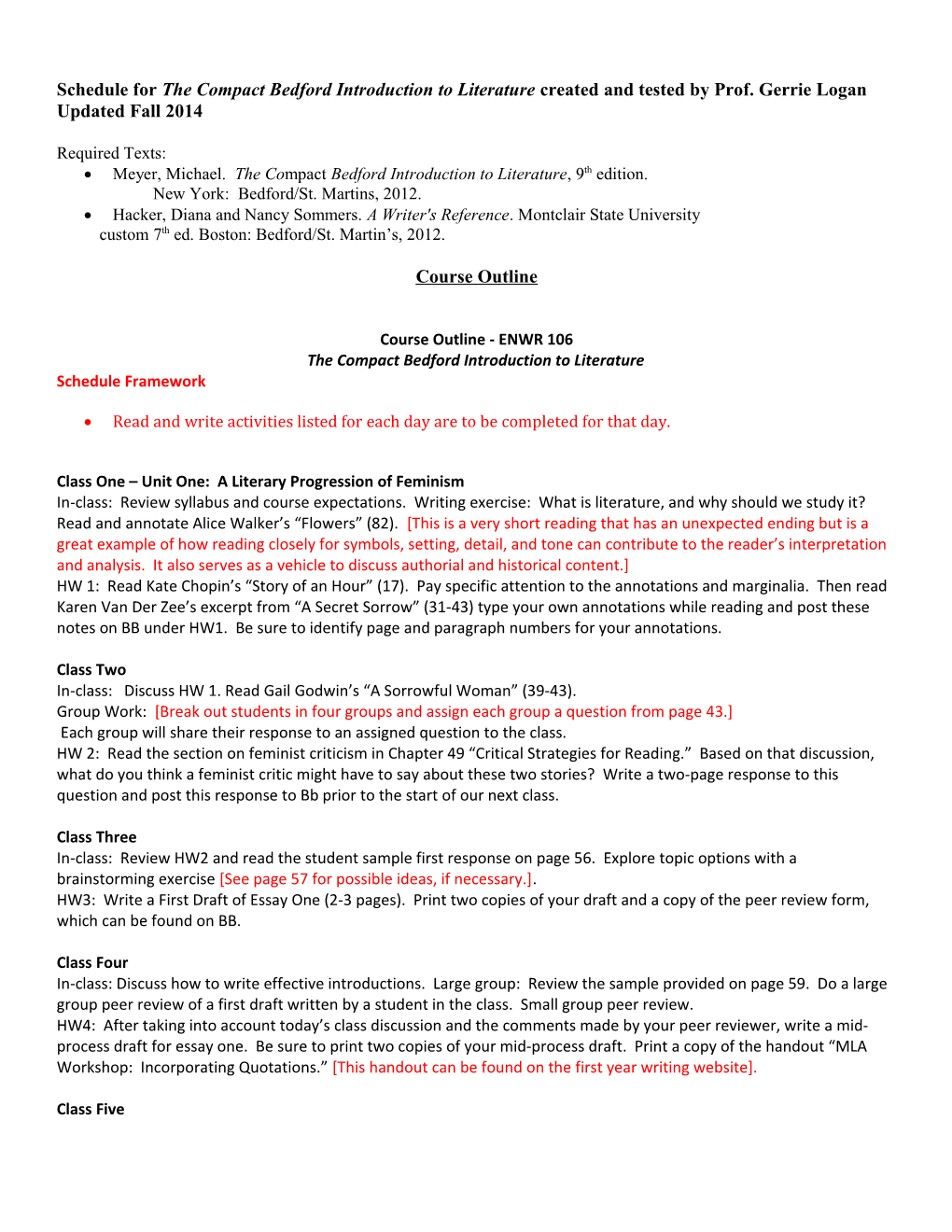 Schedule for the Compact Bedford Introduction to Literature Created and Tested by Prof