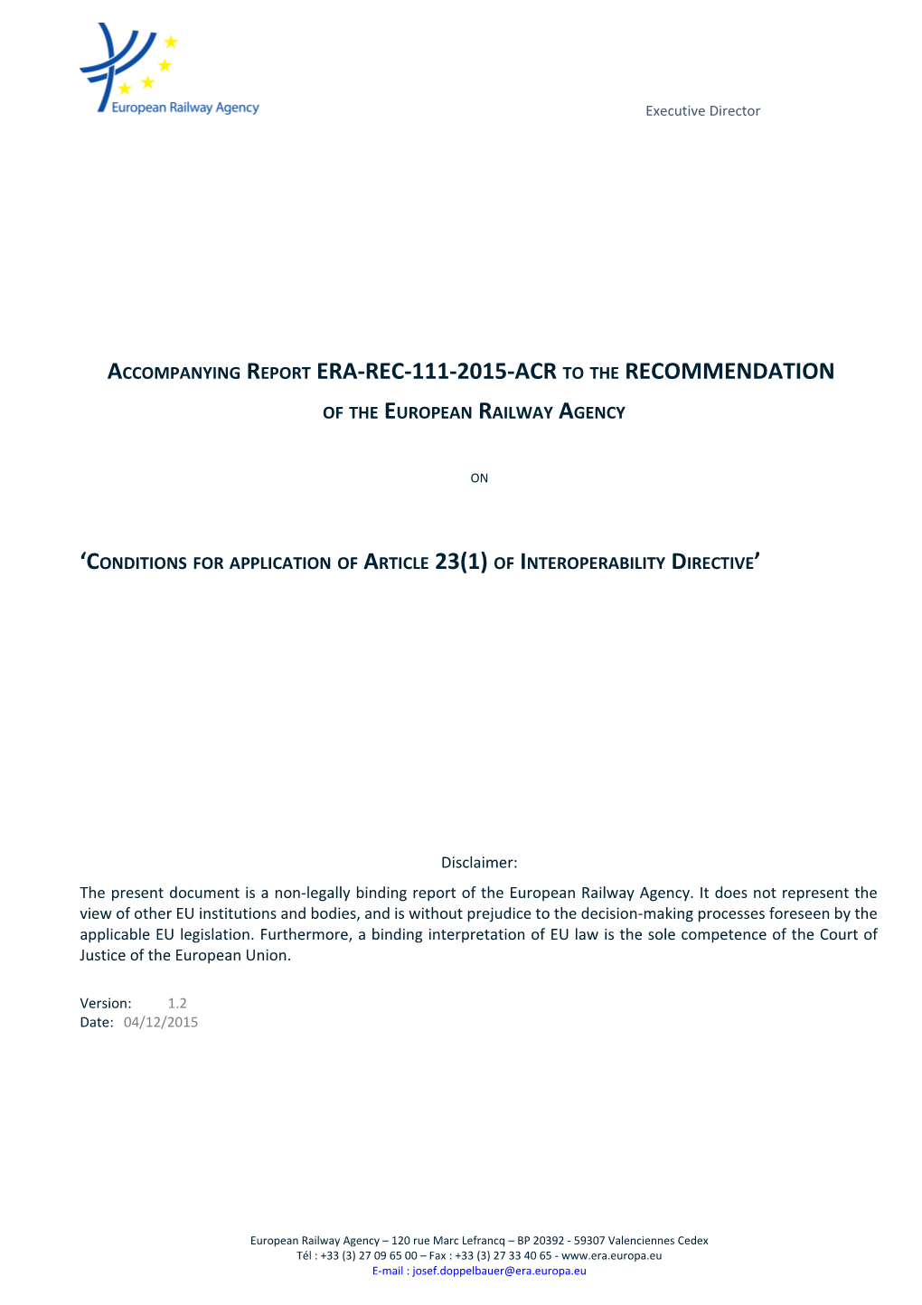 Accompanying Report ERA-REC-111-2015-ACR to the RECOMMENDATION