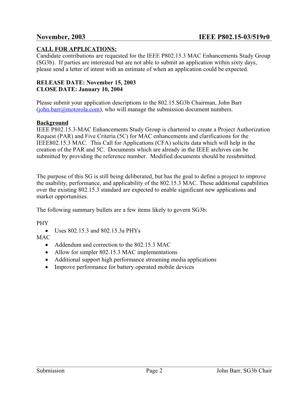 IEEE P802.15.Sg4a Call for Applications