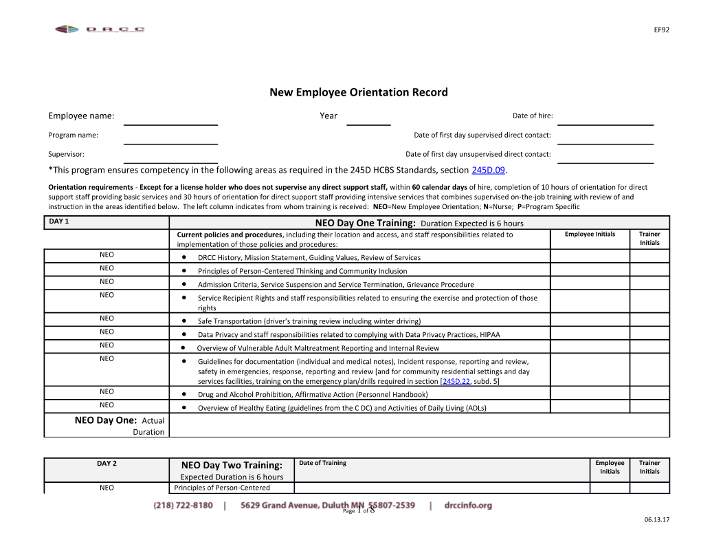 New Employee Orientation Record