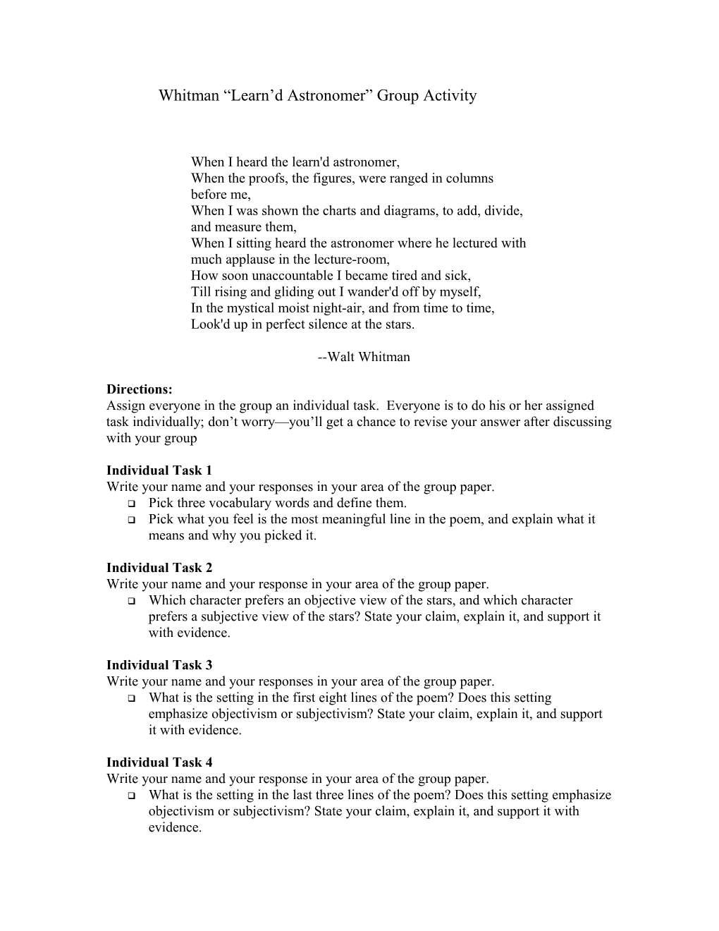 Whitman Learned Astronomer Group Activity