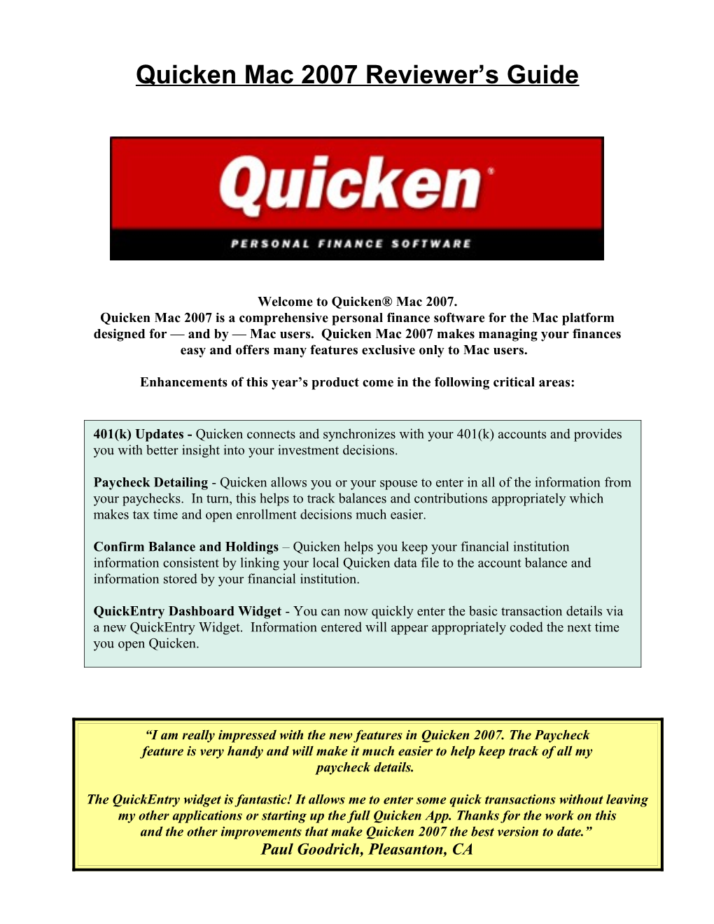 Quicken Mac 2007Reviewer S Guide