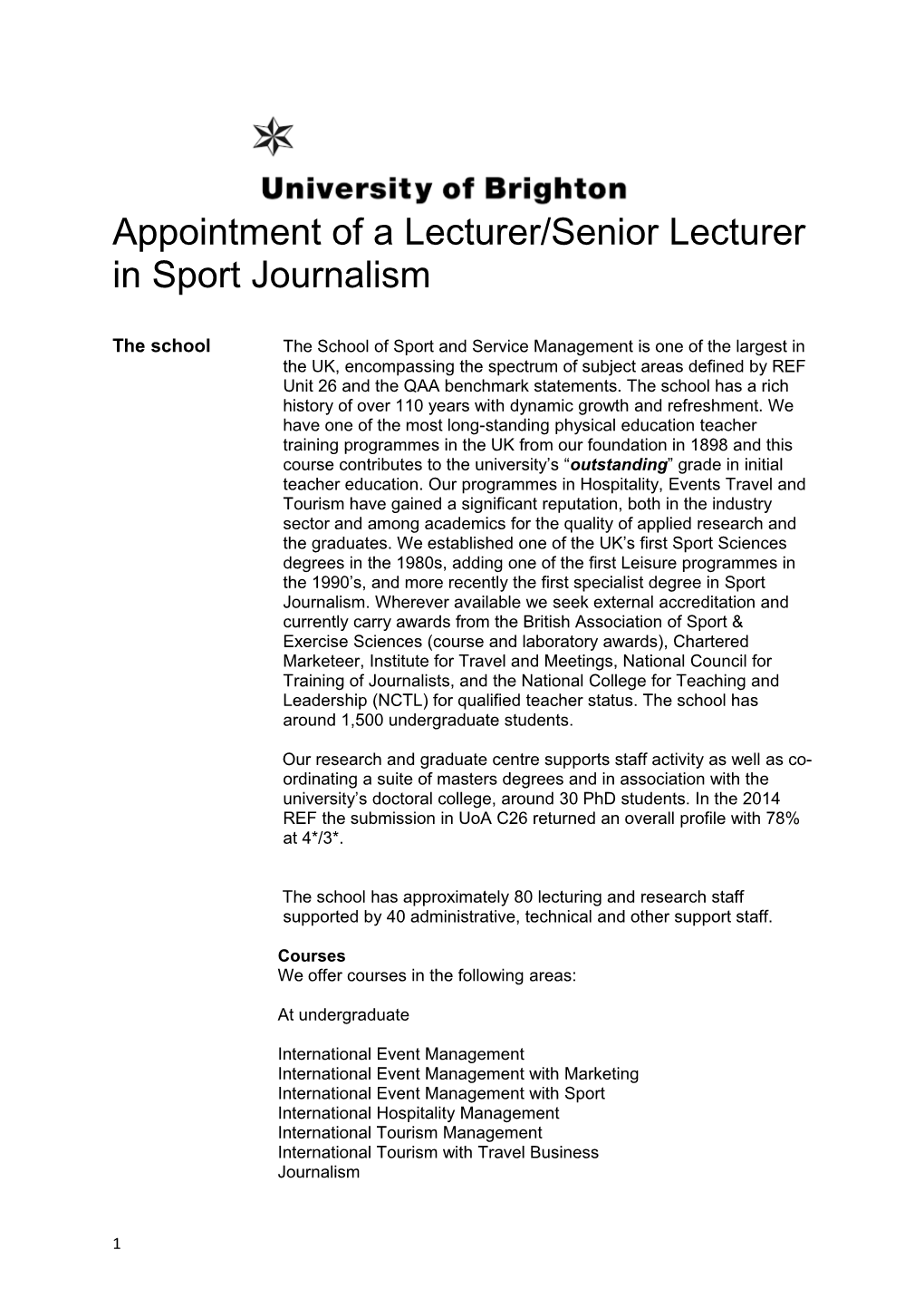 Appointment of a Lecturer/Senior Lecturer in Sport Journalism