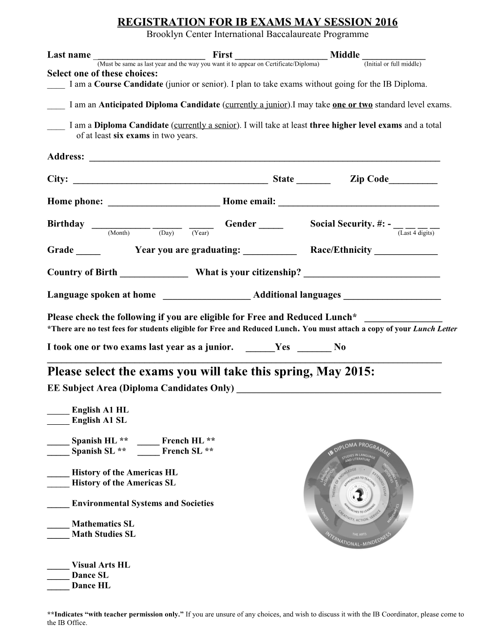 IB Exam Registration Form for Testing in May, 2003