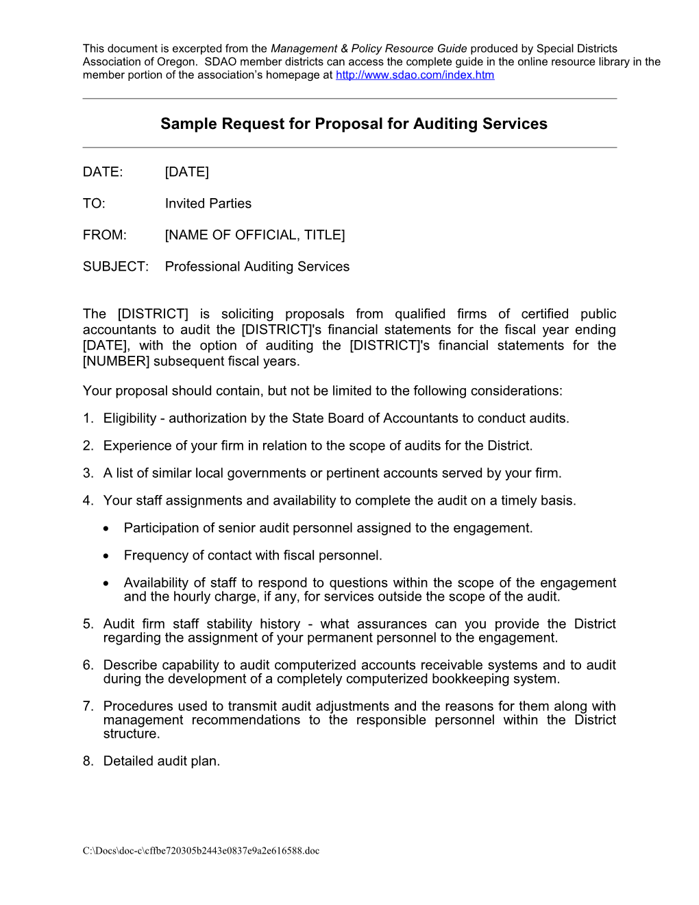 Sample Request for Proposal for Auditing Services