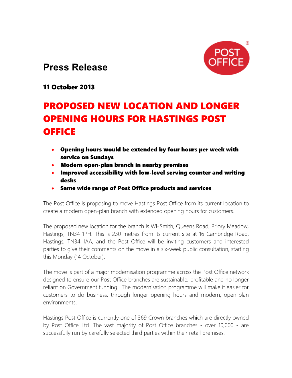Proposed Newlocationand Longer Opening Hours for Hastingspost Office